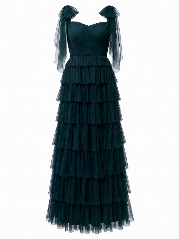 【新品DRESS 4176】ダブルチュールリボンショルダーティアードフレアロングドレス グリーン【LACE＆BEADS】